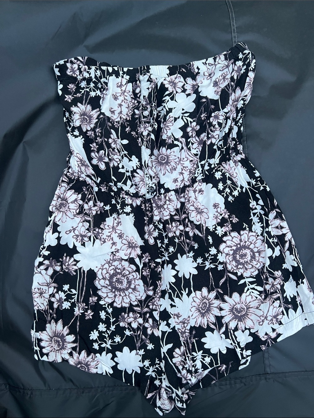 Strapless Floral Romper in Black & White with Dusty Pink Accents